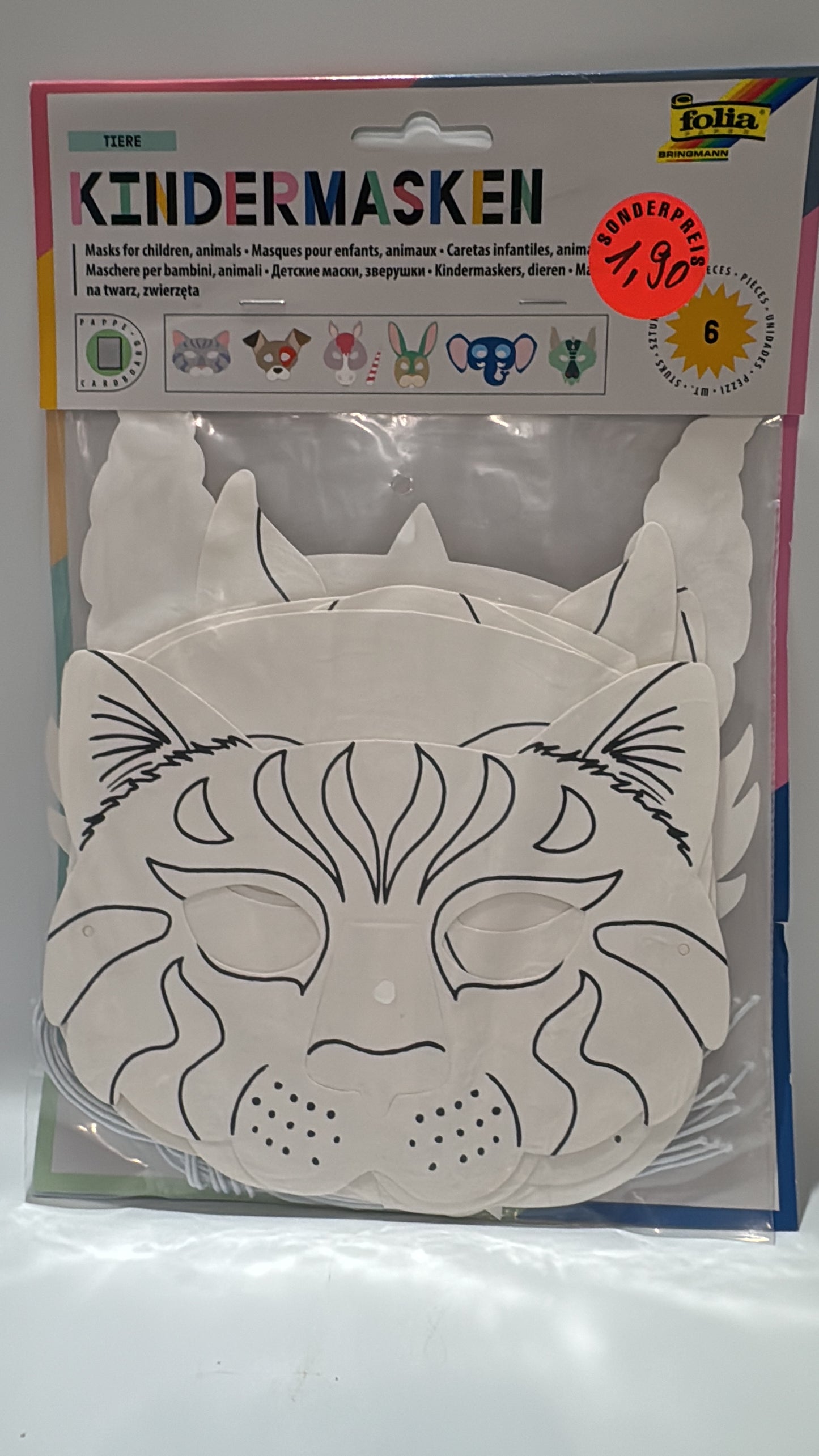 folia Kindermasken Tiere aus Pappe zum Ausmalen & Basteln – 6er Set