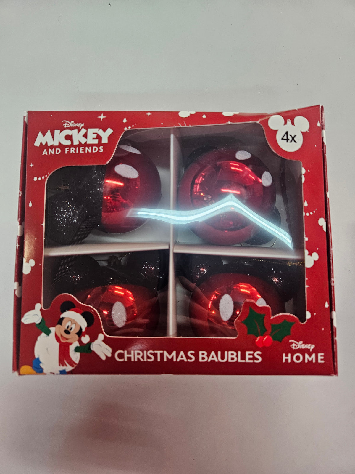 Micky Maus Weihnachtskugeln 4er Set Rot Glitzer