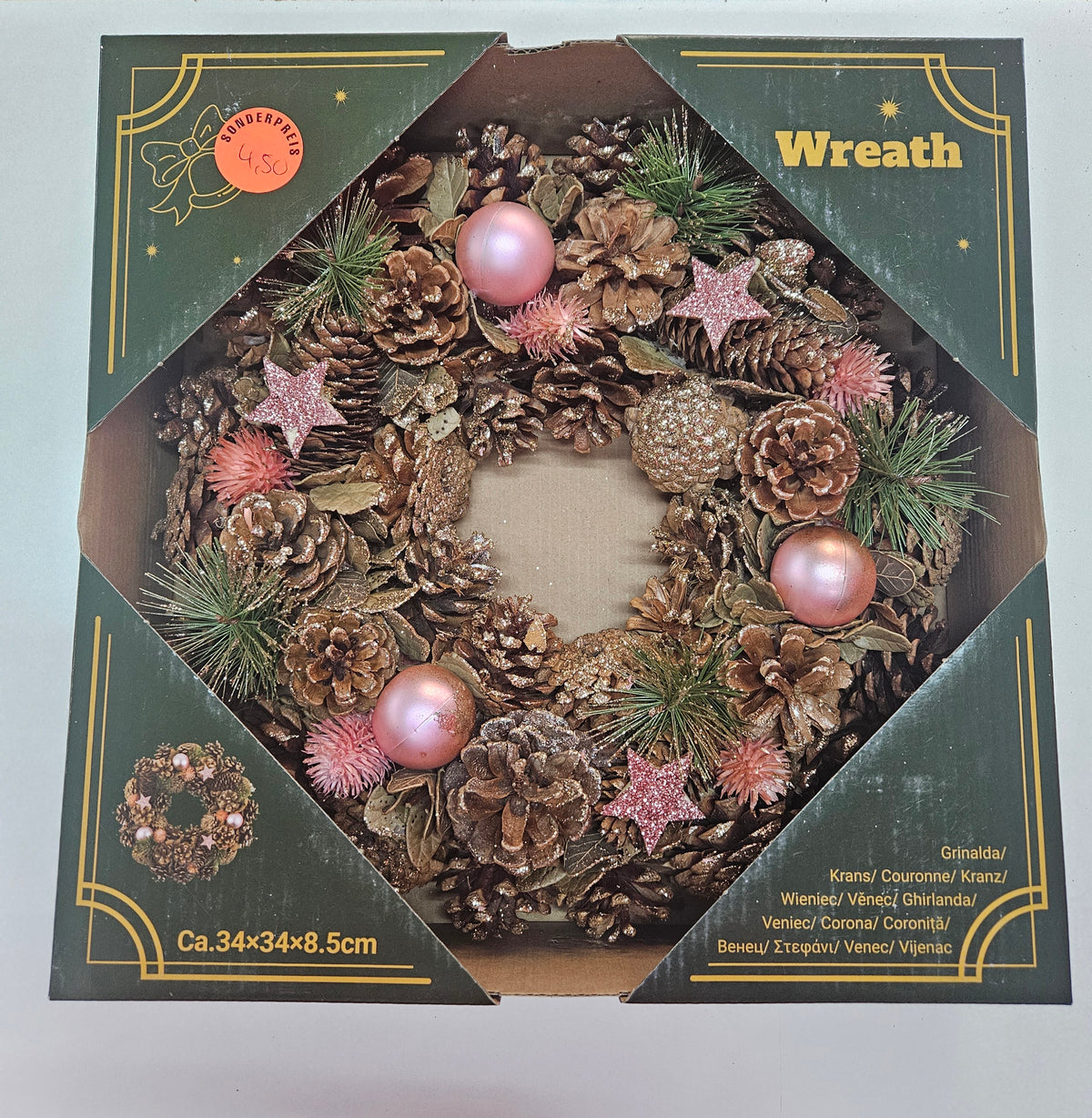 Deko-Weihnachtskranz Tannenzapfen Rosa & Rosa-Gold 34cm