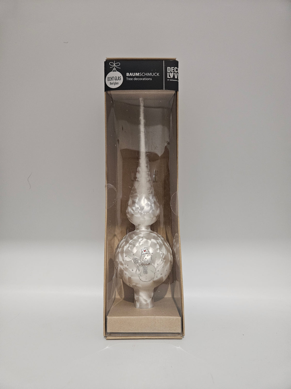 Glas Christbaumspitze Weiß Silber Schneemann DECO