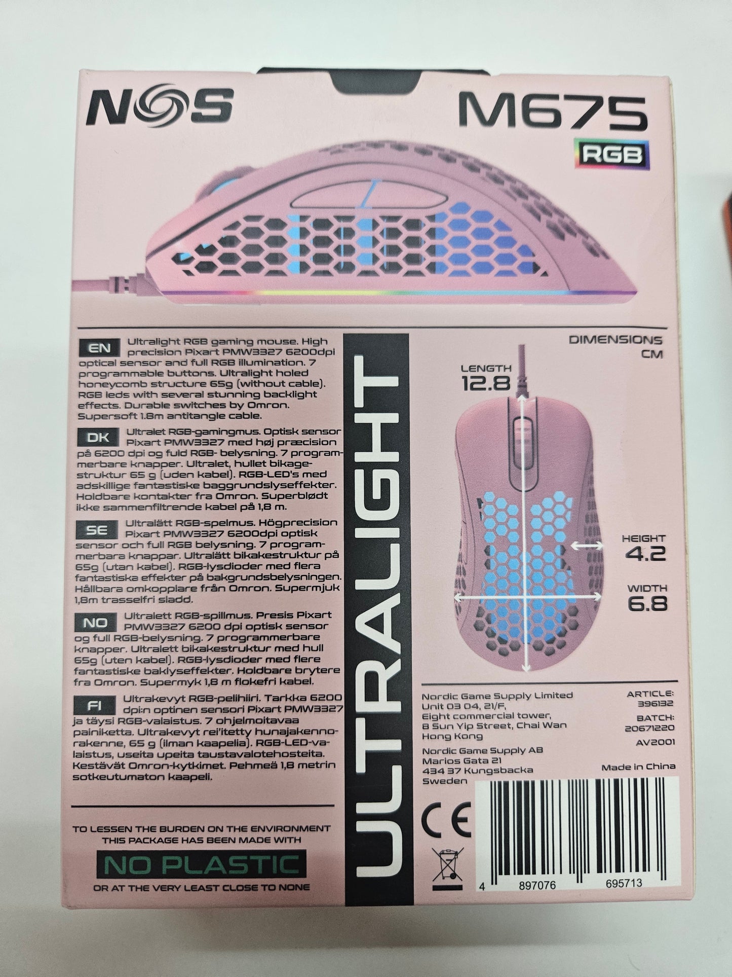 NOS M675 Ultralight RGB Gaming Maus 65g 6200 DPI Pink