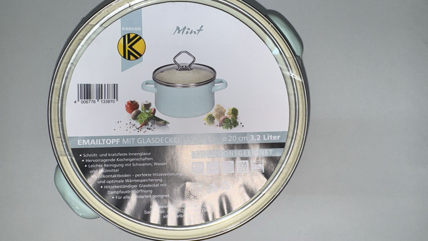 Emailtopf Mint mit Glasdeckel 20 cm – Für alle Herdarten geeignet
