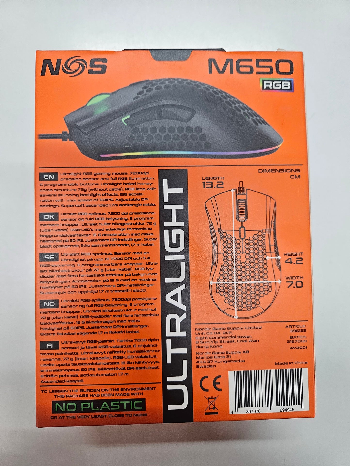 NOS M650 Ultralight RGB Gaming Maus 72g 7200 DPI
