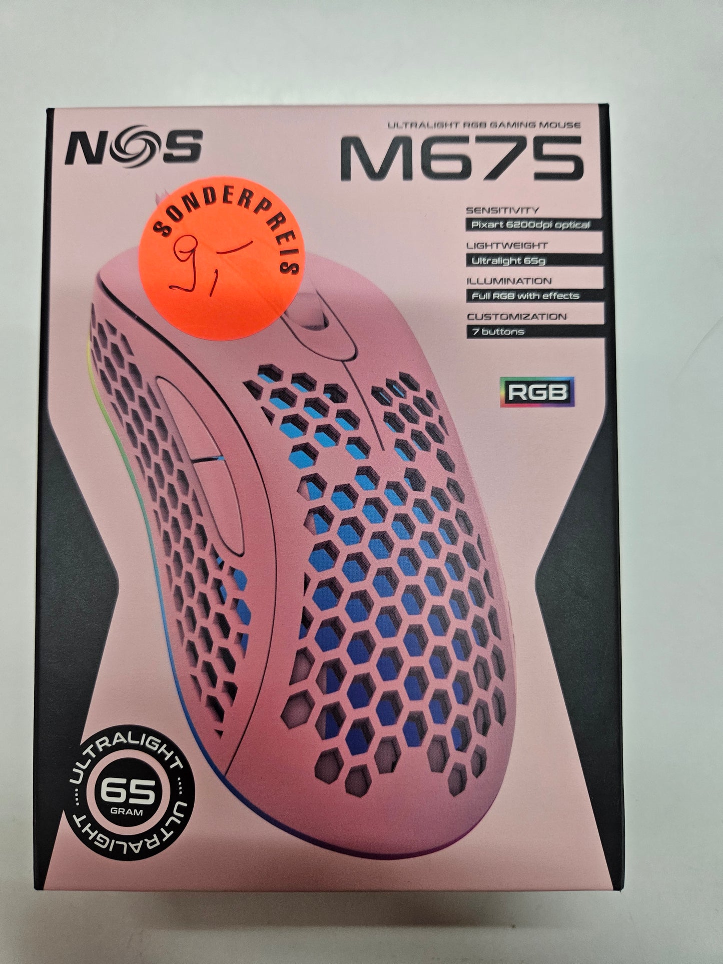 NOS M675 Ultralight RGB Gaming Maus 65g 6200 DPI Pink